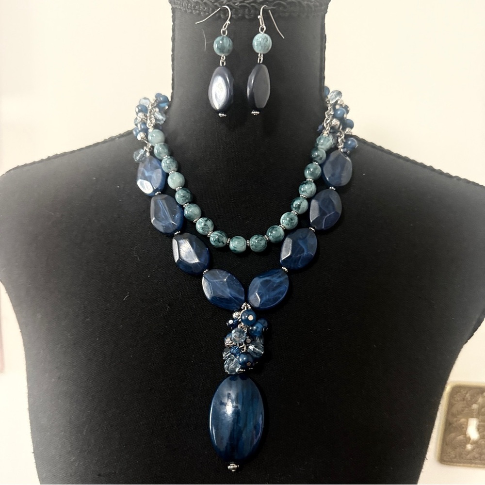 Elegant Blue & Teal Beaded Statement Necklace Set with Earrings
